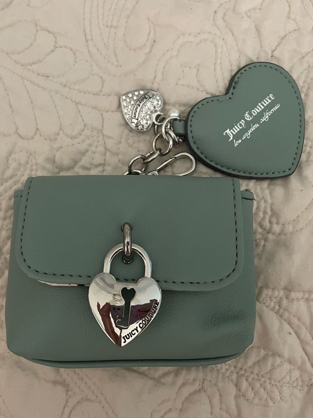 Juicy Couture Sage Green Mini Coin Pouch with Heart Charms